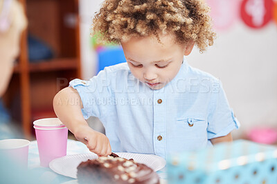 Buy stock photo Boy, child and birthday cake in classroom, party and celebration with growth, eating and kindergarten. African kid, plate and snack for dessert, sweets and food with event, creche or memory at school