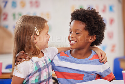 Buy stock photo Shot of two preschool students sitting together in class
