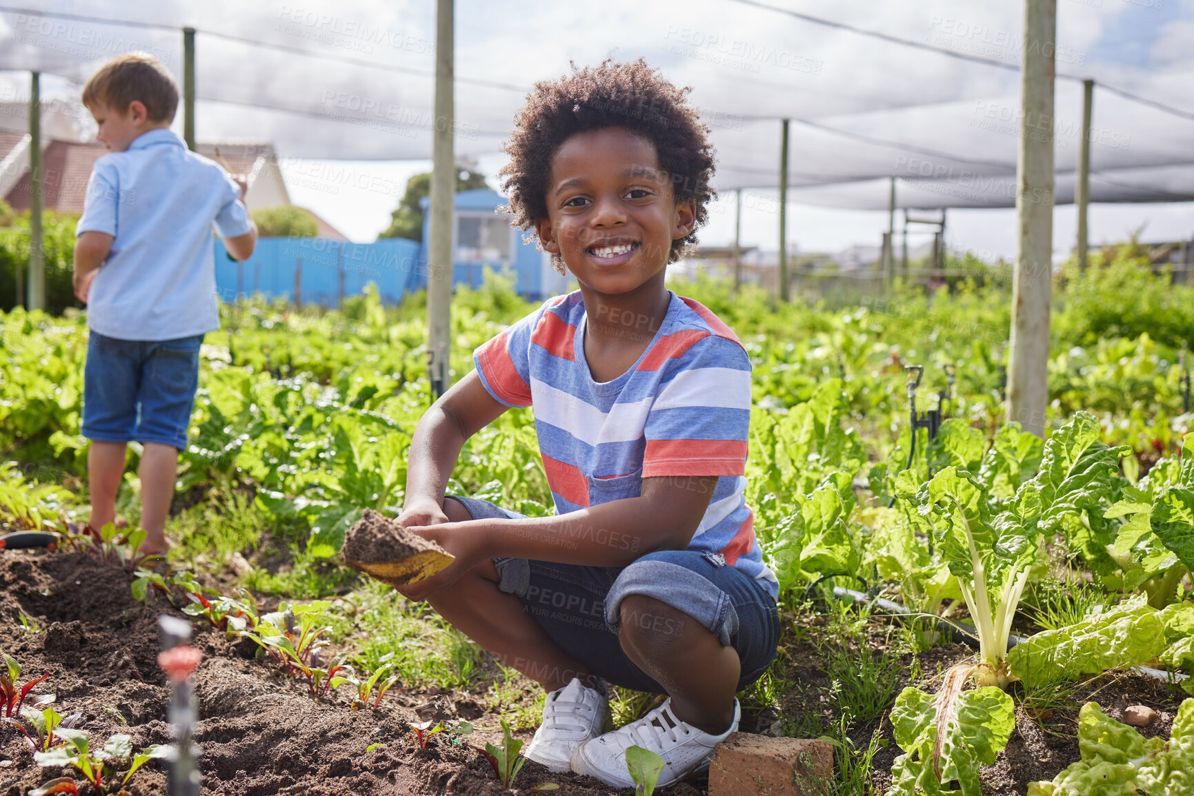 Buy stock photo Full length portrait of an adorable little boy working on a farm with his friend