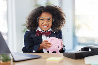 Buy stock photo Child, office portrait and piggy bank for saving, finance or investment with smile for playing. Young girl, happiness and bank for future, money and trading at desk in workplace with excited face