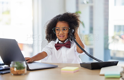 Buy stock photo Little girl, telephone and laptop in call center working or playing pretend as a sales consultant at office. Happy kid on phone call talking at consulting desk for imagination, dream job or career
