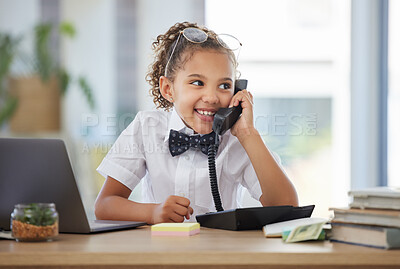 Buy stock photo Children, telephone and a girl playing in an office as a fantasy businesswoman at work on a laptop. Kids, phone call and a female child working at a desk while using her imagination to pretend
