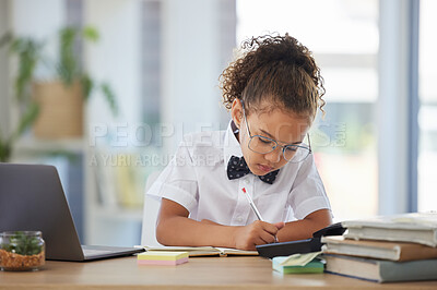 Buy stock photo Writing, business dress up and child planning in a notebook doing pretend work. Children game, glasses, and document of a play professional and youth worker with focus and working on a schedule