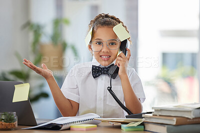 Buy stock photo Portrait, confused and girl as a business person, telephone and stress in workplace. Face, young female child and kid  with phone, make believe and overworked with deadline, burnout and schedule