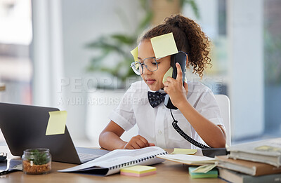Buy stock photo Business, phone call and child with telephone and laptop at desk for conversation, discussion and contact. Communication, stress and young girl with sticky notes for planning, deadline and network