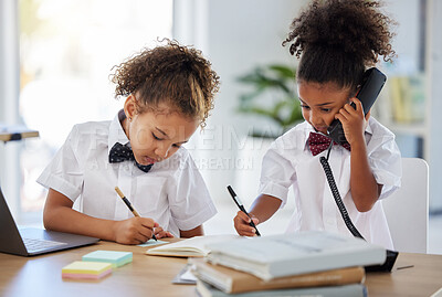 Buy stock photo Planning, telephone and children boss in the office while working on a project together with teamwork. Collaboration, landline and girl kids in business people cosplay pr costume in a workplace.