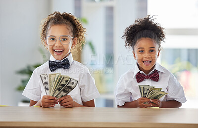 Buy stock photo Business, smile and children in office with money, education in budget management and financial planning. Portrait of girls, accounting and investing in future finance with happy corporate girl kids 