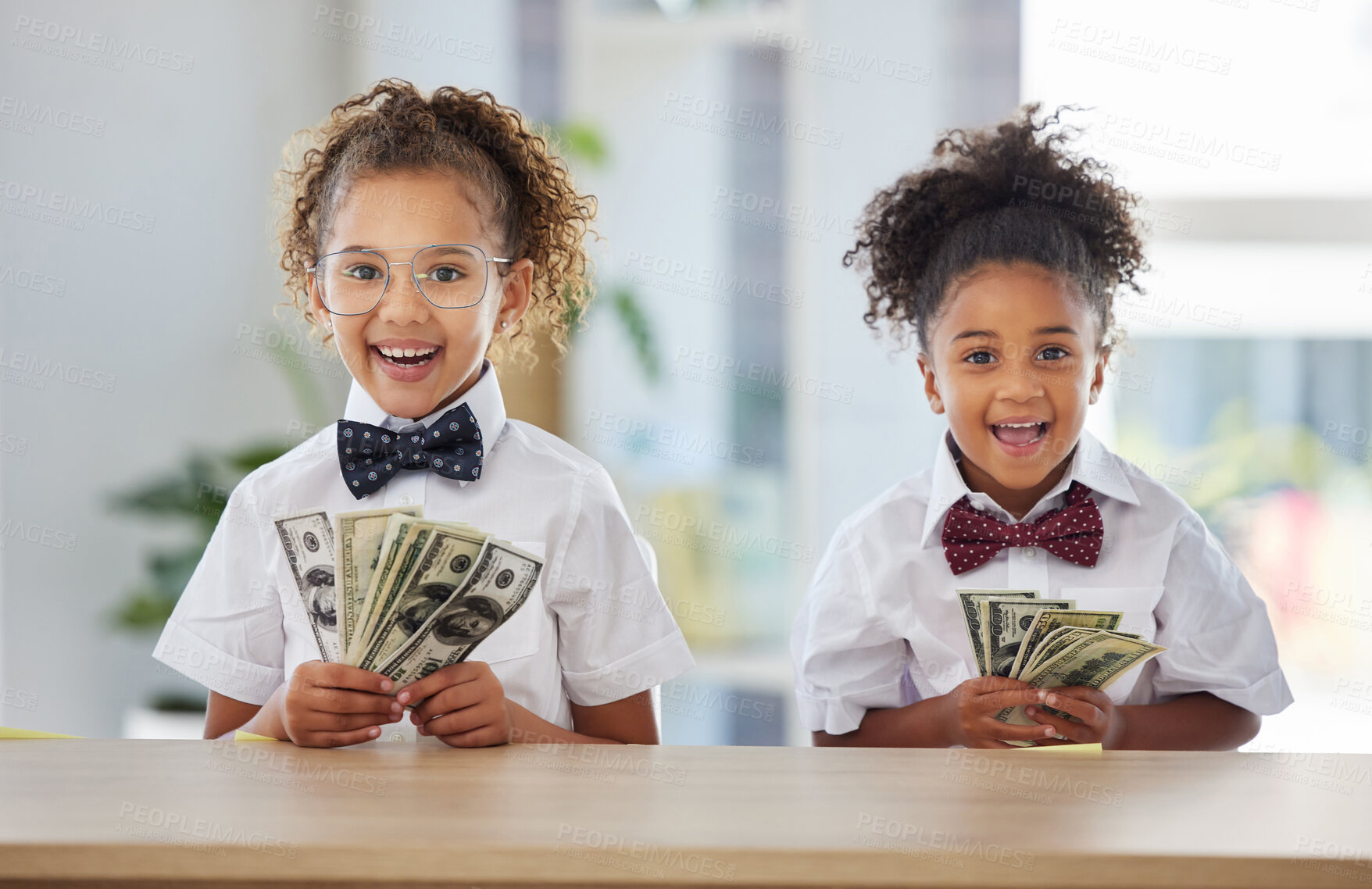 Buy stock photo Business, smile and children in office with money, education in budget management and financial planning. Portrait of girls, accounting and investing in future finance with happy corporate girl kids 