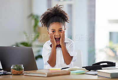 Buy stock photo Surprised, business and portrait of child in office for corporate, playing and comic. Shocked, laptop and professional with young girl screaming at desk for modern, executive and formal in workplace