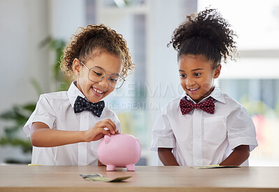 Buy stock photo Happy, saving and girls with money for a piggybank, investing coins and excited while playing. Budget, smile and little children with cash for investment, safe keeping and learning to save together