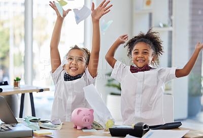 Buy stock photo School, holiday and children celebrating in a classroom for a vacation break feeling happy and excited throwing papers in the air. Education, business and happiness by young kids or girls winning