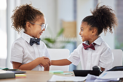 Buy stock photo Handshake, playful and girls dressed as employees, welcoming and thanking in an office. Happy, team and little children playing business, pretending to be at work and shaking hands for partnership