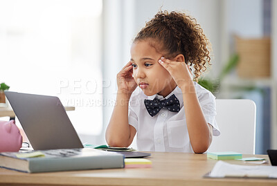 Buy stock photo Stress, laptop and child boss in the office while reading information on the internet for project. Corporate cosplay, frustration and young girl kid ceo working on a report with computer in workplace