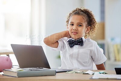 Buy stock photo Stress, portrait and child boss in the office while working with money for accounting or math. Confused, upset and face of a young girl kid ceo sitting by a desk with a laptop in a modern workplace.