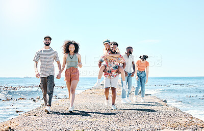 Buy stock photo Full length shot of young couples bonding with their friends during a day outdoors