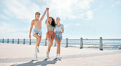 Buy stock photo Full length shot of a diverse group of women standing and bonding during a day outdoors