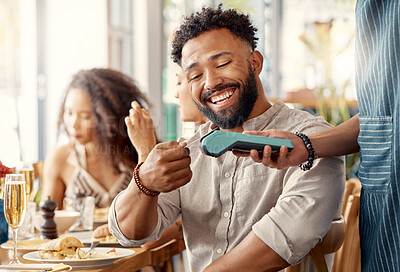 Buy stock photo Ecommerce, credit card and man in a restaurant, machine and online payment with happiness, retail and social gathering. Male person, group and customer in a cafe, service and transaction for lunch
