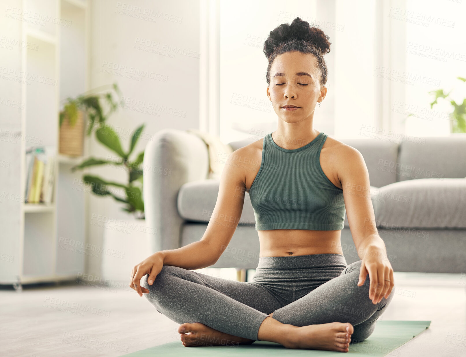 Buy stock photo Meditation, woman and lotus pose on living room floor for peace, mental health and wellness at home. Yoga, breathing and exercise by female meditating in a lounge for zen, holistic or chakra training