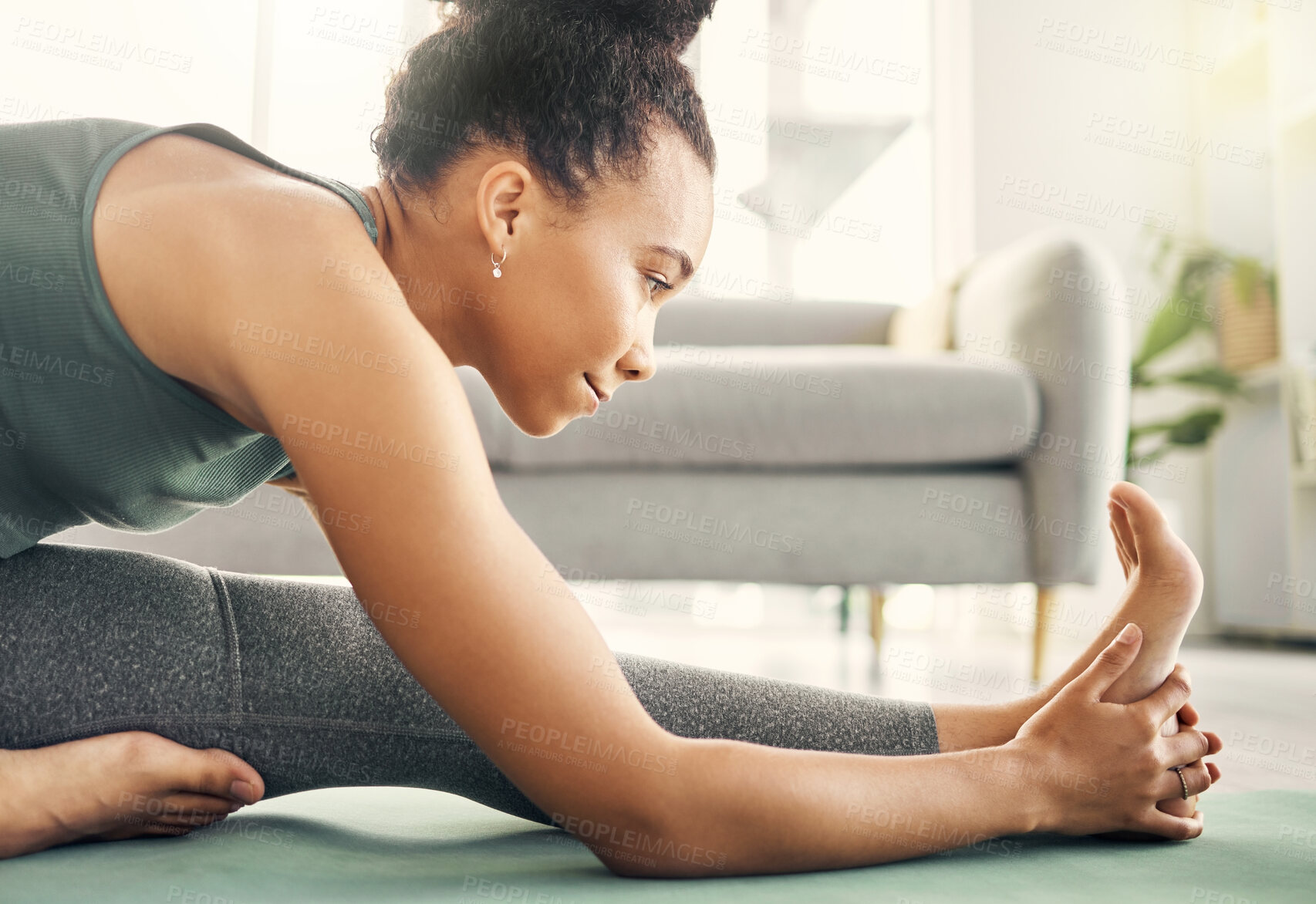 Buy stock photo Body, stretching and yoga by woman on living room floor, training or mental health exercise at home. Leg, stretch and lady with flexible fitness or pilates, workout or balance, meditation or wellness