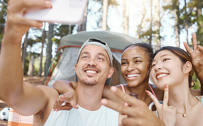 Buy stock photo Happy, peace sign and selfie of friends camping in forest, woods or nature together. Smile, v hand and people taking picture for hiking, social media emoji or group memory outdoor on summer vacation.