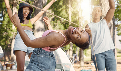 Buy stock photo Happy, portrait and friends playing limbo for freedom, holiday games and camping activity. Smile, summer and a black woman having fun with a rope and social people while on vacation in a forest