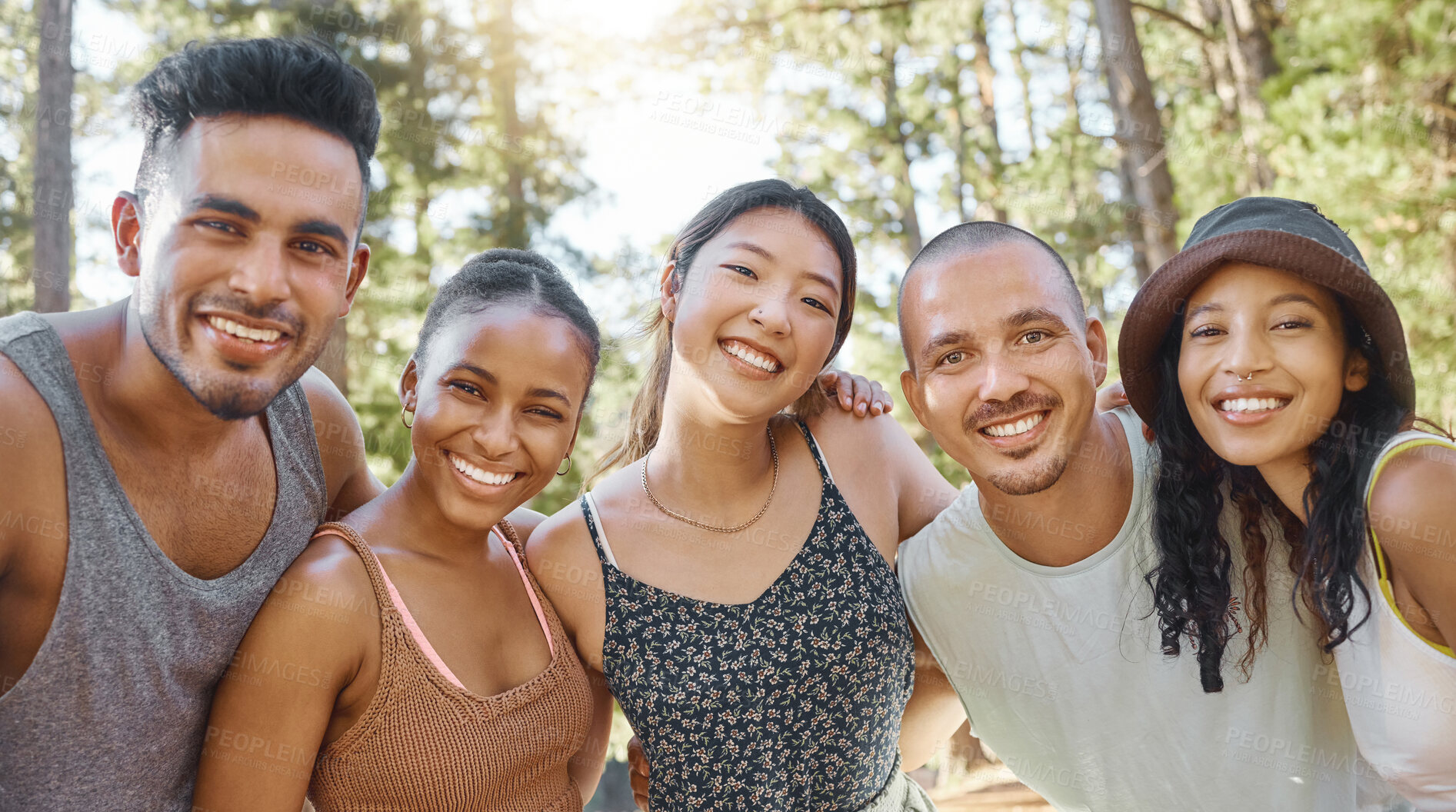 Buy stock photo Friends, camping in nature and smile in portrait, diversity and bonding with group of people in forest and travel. Summer, fun and happiness, young men and women relax together outdoor with adventure