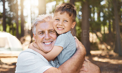 Buy stock photo Love, grandfather and portrait of hug with child in park, woods or camping in nature with happy family quality time. Grandpa, kid or boy embracing, hugging or together on holiday with senior man