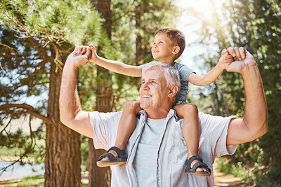 Buy stock photo Happy grandfather, child and back ride in forest for journey or family bonding together outdoors. Grandpa smile carrying kid in piggyback for holiday adventure, travel or trip in nature or woods