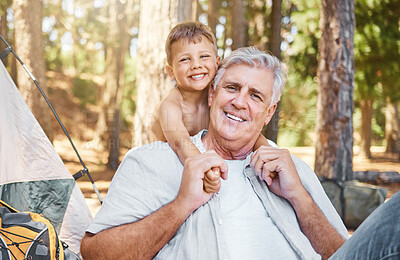 Buy stock photo Senior man, child and camping portrait outdoor in nature with a smile, fun and family travel. Happy grandpa and kid camper at a camp site, forest or woods with love for adventure and summer holiday