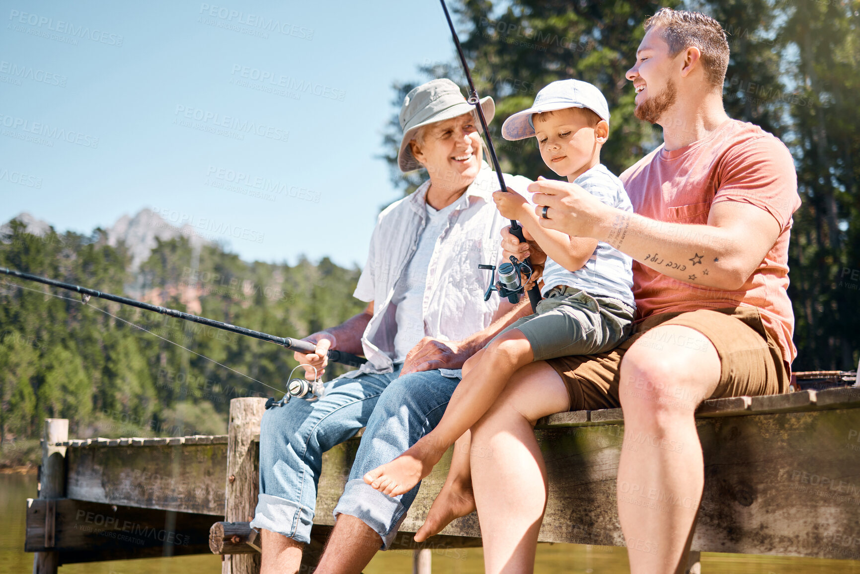 Buy stock photo Man, grandparent and fishing with son in summer on deck for holiday with bonding for weekend. Rod, grandpa and generations with boy at river for adventure with forest to relax as family with smile.