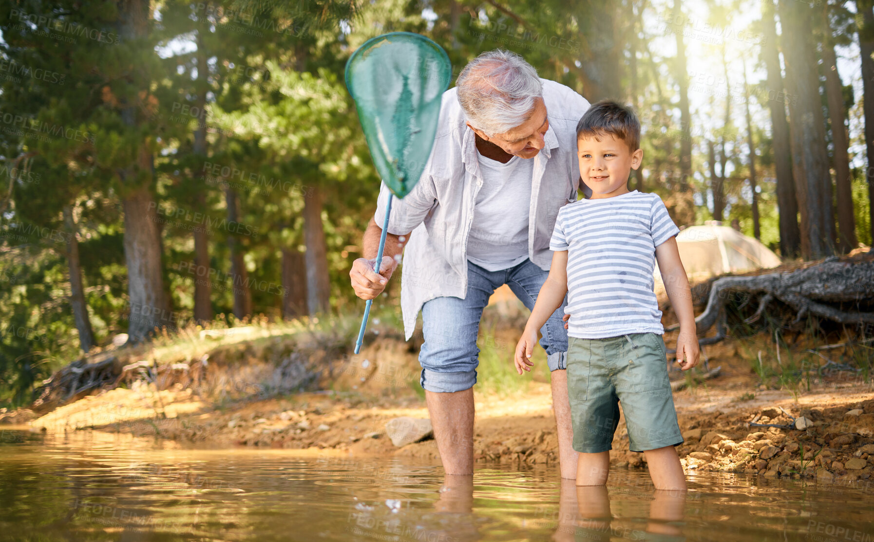 Buy stock photo Camp, child with grandfather and with fishing net at the lake in the forest outdoor with a lens flare. Happy or freedom, adventure or nature and people bonding together for health wellness at river