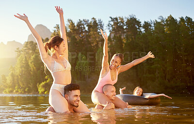 Buy stock photo Lake, excited or friends in nature swimming with freedom, men or women in summer on camping break. Smile, hands up or happy people outdoors in river water or dam for holiday travel or vacation trip
