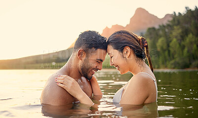 Buy stock photo Lake, swim or happy couple love bonding on outdoor holiday vacation adventure or weekend together. Travel, forehead or woman smiling or swimming with freedom, peace or romantic man in river water 
