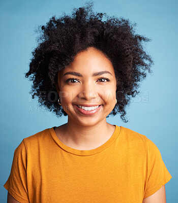 Buy stock photo Smile, African woman and portrait with natural beauty, confidence or makeup on studio blue background. Face, happiness and person with curly hair, afro or cosmetics in salon for hairstyle care