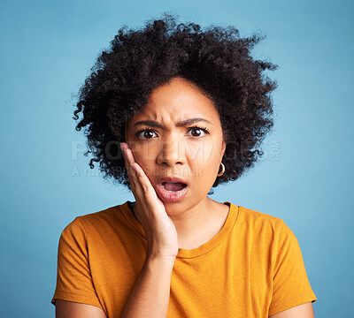 Buy stock photo Confused, surprise or portrait of black woman with hand on face in shock, doubt or omg expression for announcement on studio background. Emoji, person and shocked reaction for news, story or gossip