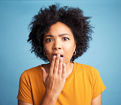 Buy stock photo Surprise, portrait and emoji with woman and expression, shocking news and hand on mouth on blue background. Wow reaction, emotion and female person in studio, alarm and gossip with announcement