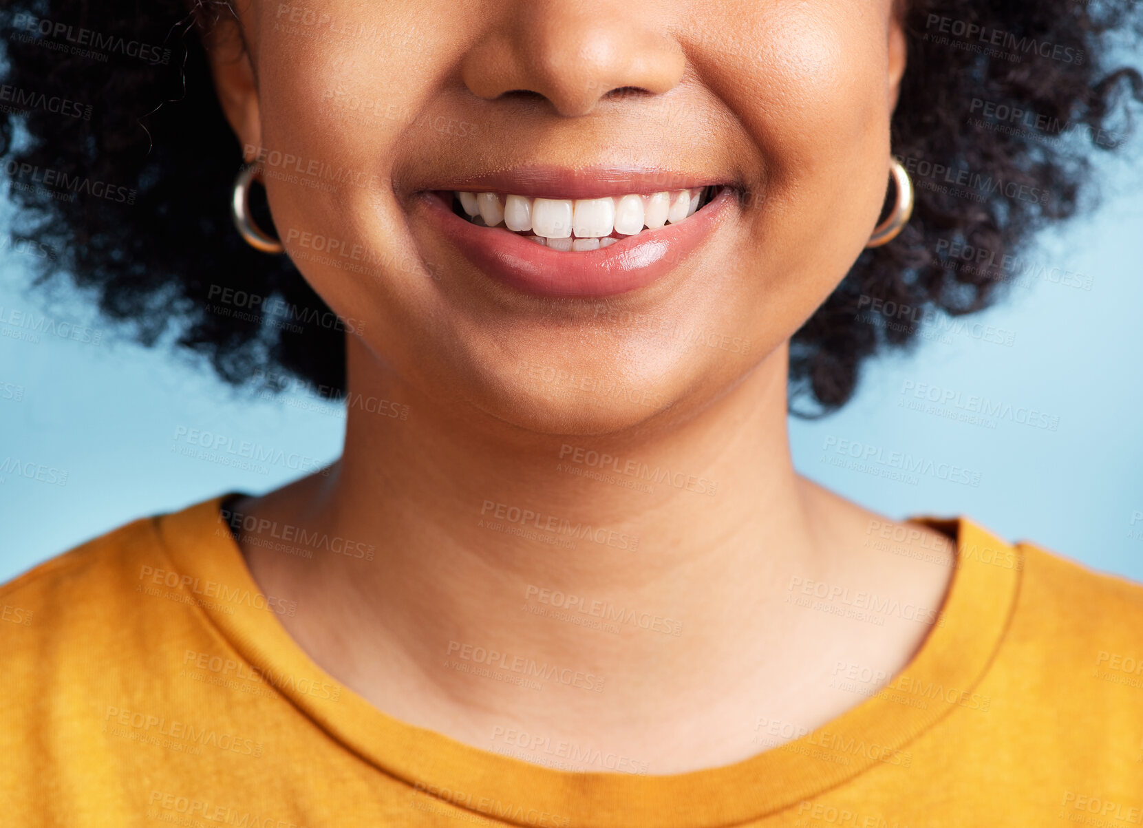 Buy stock photo Smile, woman and closeup of mouth and teeth for dental care, hygiene and whitening results. Happy, model and girl showing tooth for treatment progress isolated on a blue background in a studio