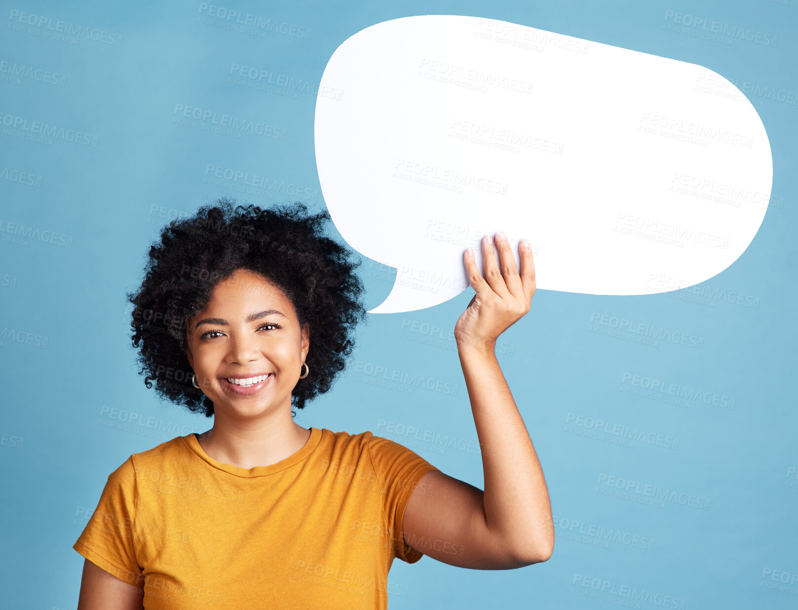 Buy stock photo Speech bubble, portrait and woman voice, chat or social media opinion, college talk and news or University forum. Student or African person communication, FAQ mockup or quote sign on blue background