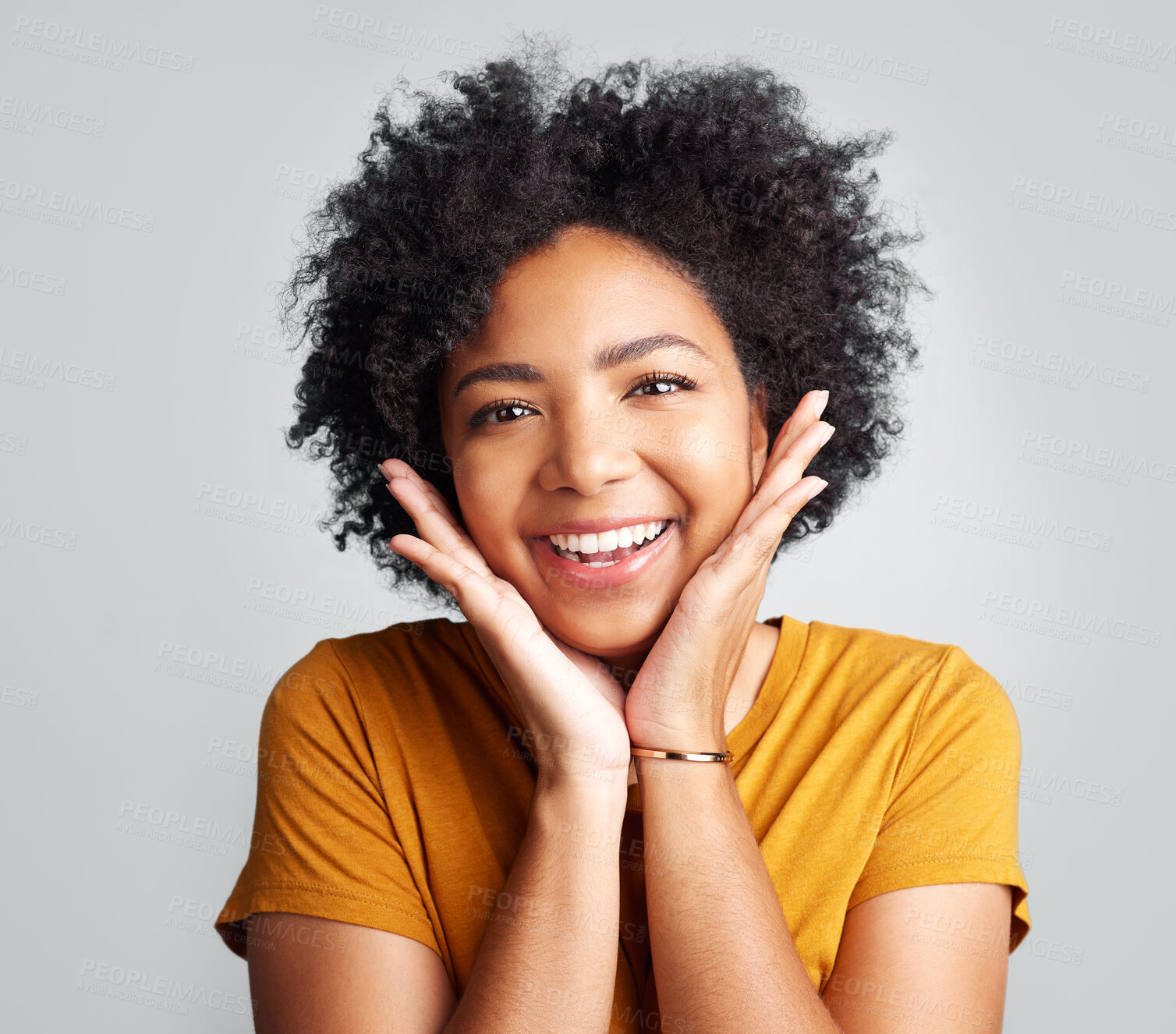 Buy stock photo Smile, happy and portrait of woman in studio for carefree, cheerful and confidence. Happiness, smiling and natural with face of female isolated on white background for mindset, excited and self love