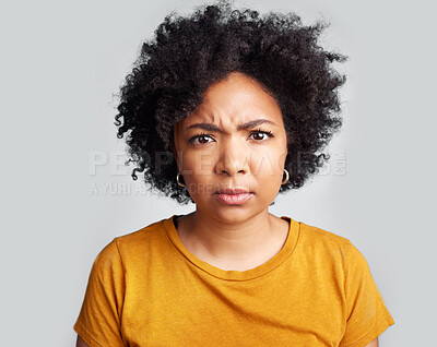Buy stock photo Confused, portrait and woman in studio, pensive and unsure against a grey background. Doubt, annoyed and face of African female with dont know frown, attitude and angry, doubtful and frustrated