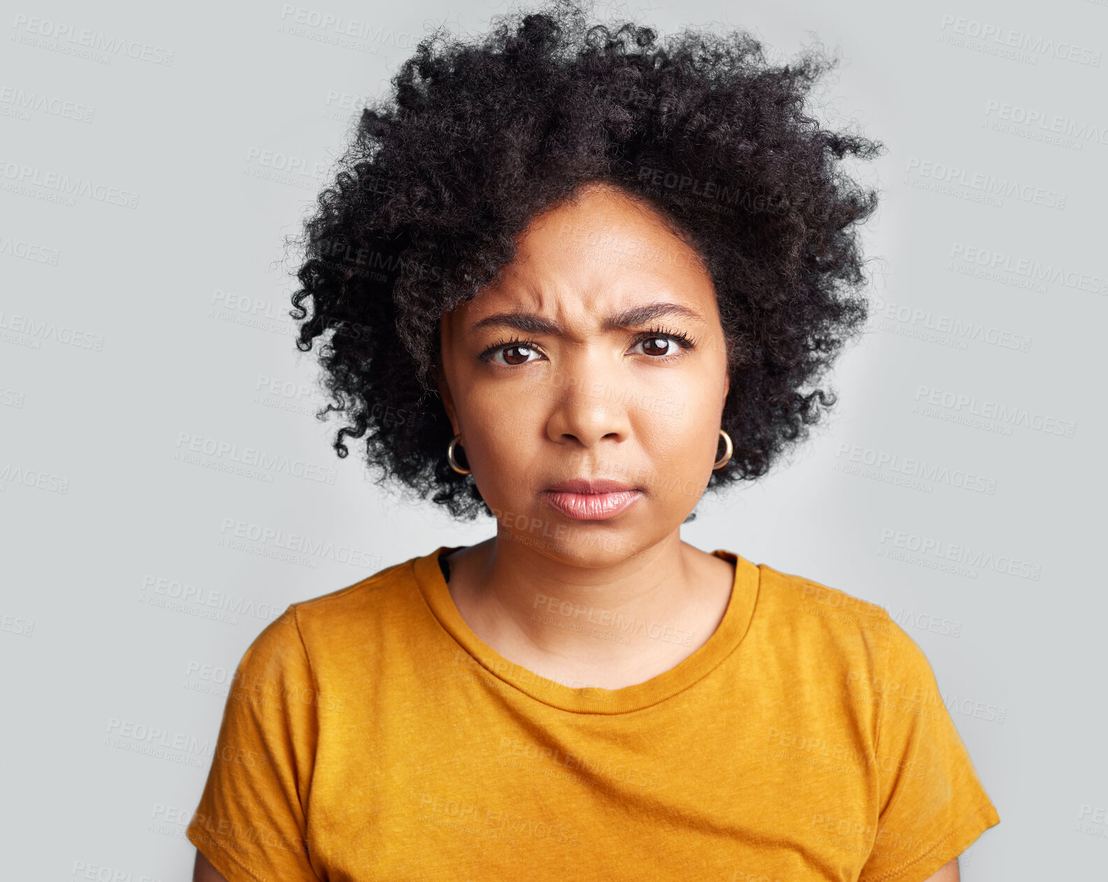 Buy stock photo Confused, portrait and woman in studio, pensive and unsure against a grey background. Doubt, annoyed and face of African female with dont know frown, attitude and angry, doubtful and frustrated