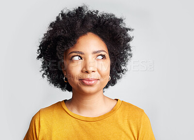 Buy stock photo Thinking, curious and African woman in studio with idea, decision or choice against grey background. Idea, contemplation and female choosing, unsure and wondering, deciding and ponder while isolated