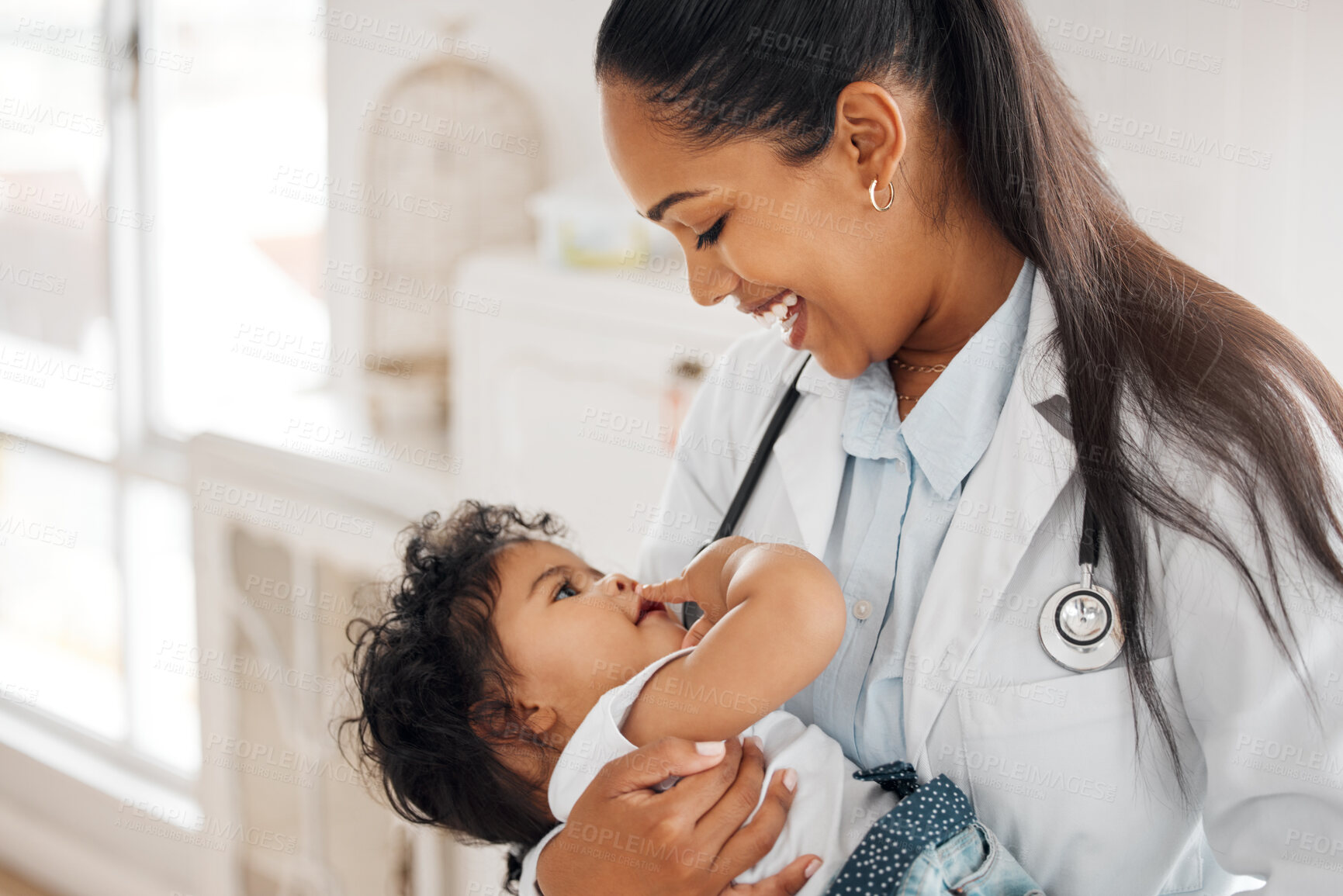 Buy stock photo Woman, doctor and baby as happy in hospital or clinic for healthcare, immunization and wellness. Female person, pediatrician and professional for child medical services, advice and support with pride