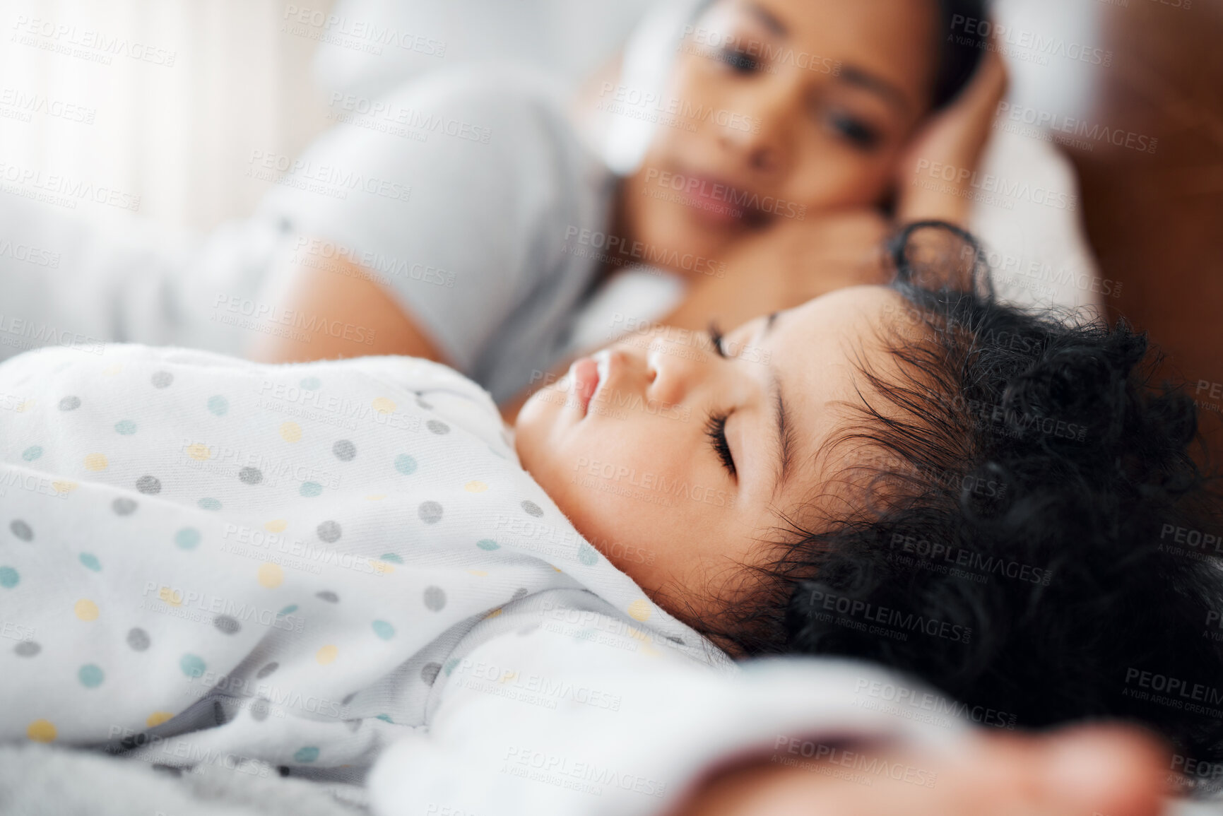 Buy stock photo Mother, baby and sleeping with bed for nap time, rest or peaceful morning together at home. Mom, child or tired kid asleep for growth, bonding or childhood development for love and support in bedroom
