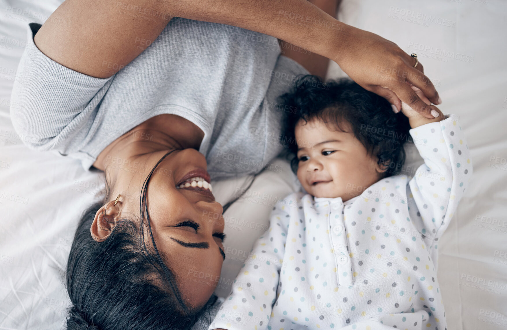 Buy stock photo Happy, mother or playing with baby on bed for affection, child development or morning routine in home. Top view, woman or infant in bedroom for support, bonding and relationship with security or love