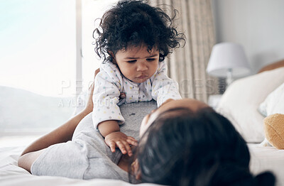 Buy stock photo Bonding, mother and relax with baby on bed for growth, child development and morning routine in home. Parenting, woman and infant in bedroom for support, protection and relationship with security