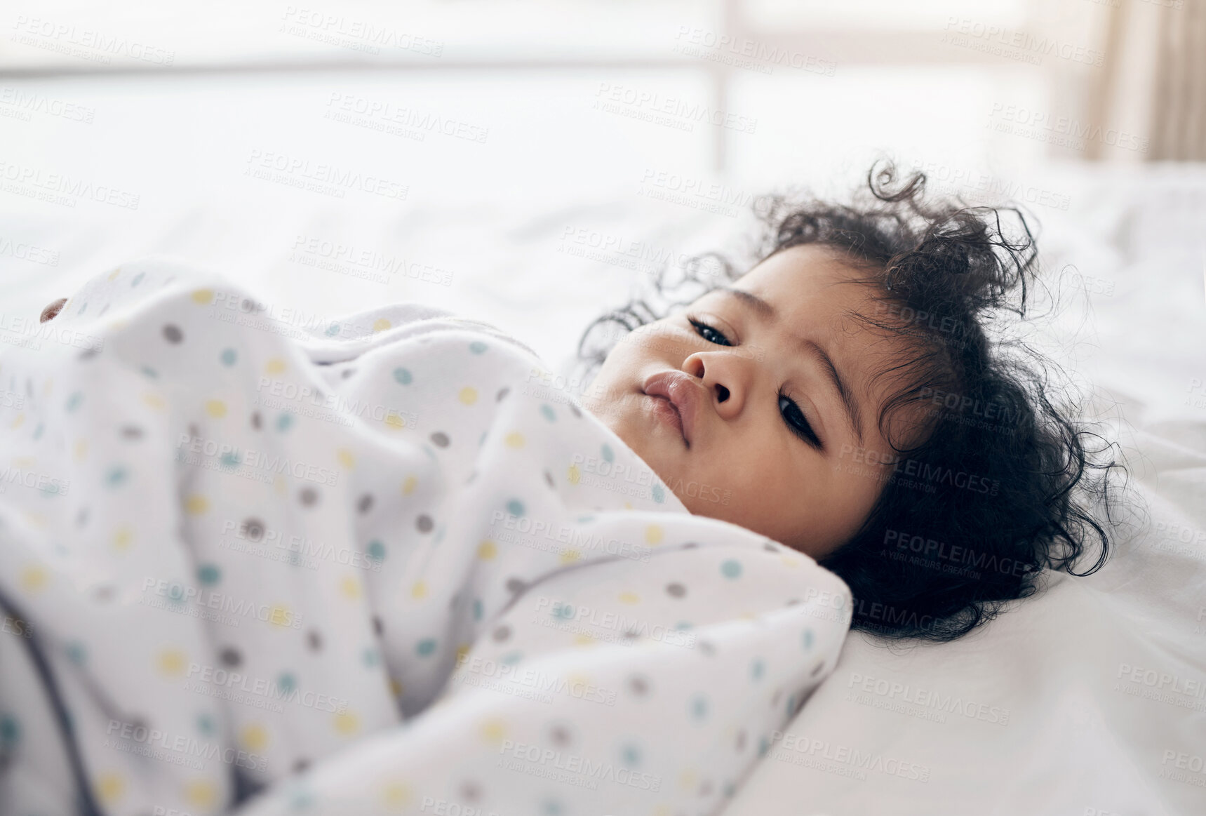 Buy stock photo Baby, relax and exhausted girl in home, nursery and teething issues in bedroom for development. Child, tired person and kid fatigue or growing, infant and morning for sleeping trouble or illness