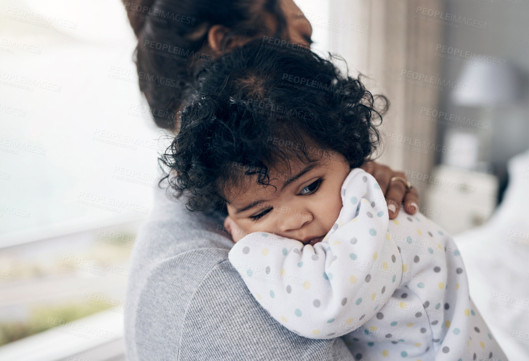 Buy stock photo Mother, care and hug baby in home, love and parent responsibility to protect child. Mama, daughter and bonding with infant in bedroom, holding toddler and support kid with development by connection