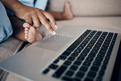 Buy stock photo Woman, hands and baby with laptop in home, typing and online search for streaming entertainment. Mother, infant feet and relax on couch for cartoon movies, bonding together and internet for film