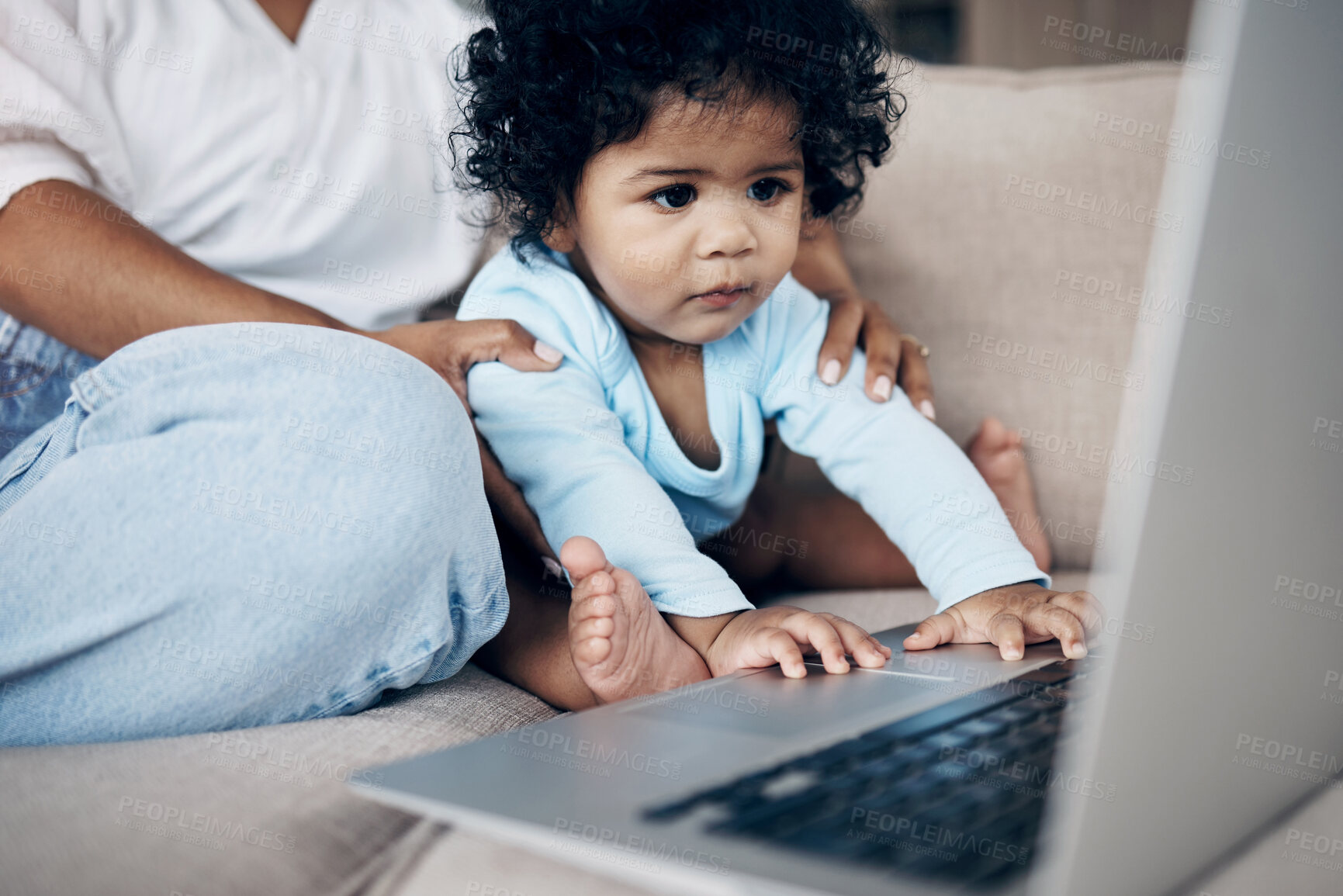 Buy stock photo Woman, care and baby with laptop in home, typing and online search for streaming entertainment. Mother, infant play and relax on couch for cartoon movie, bonding and internet for sensory development